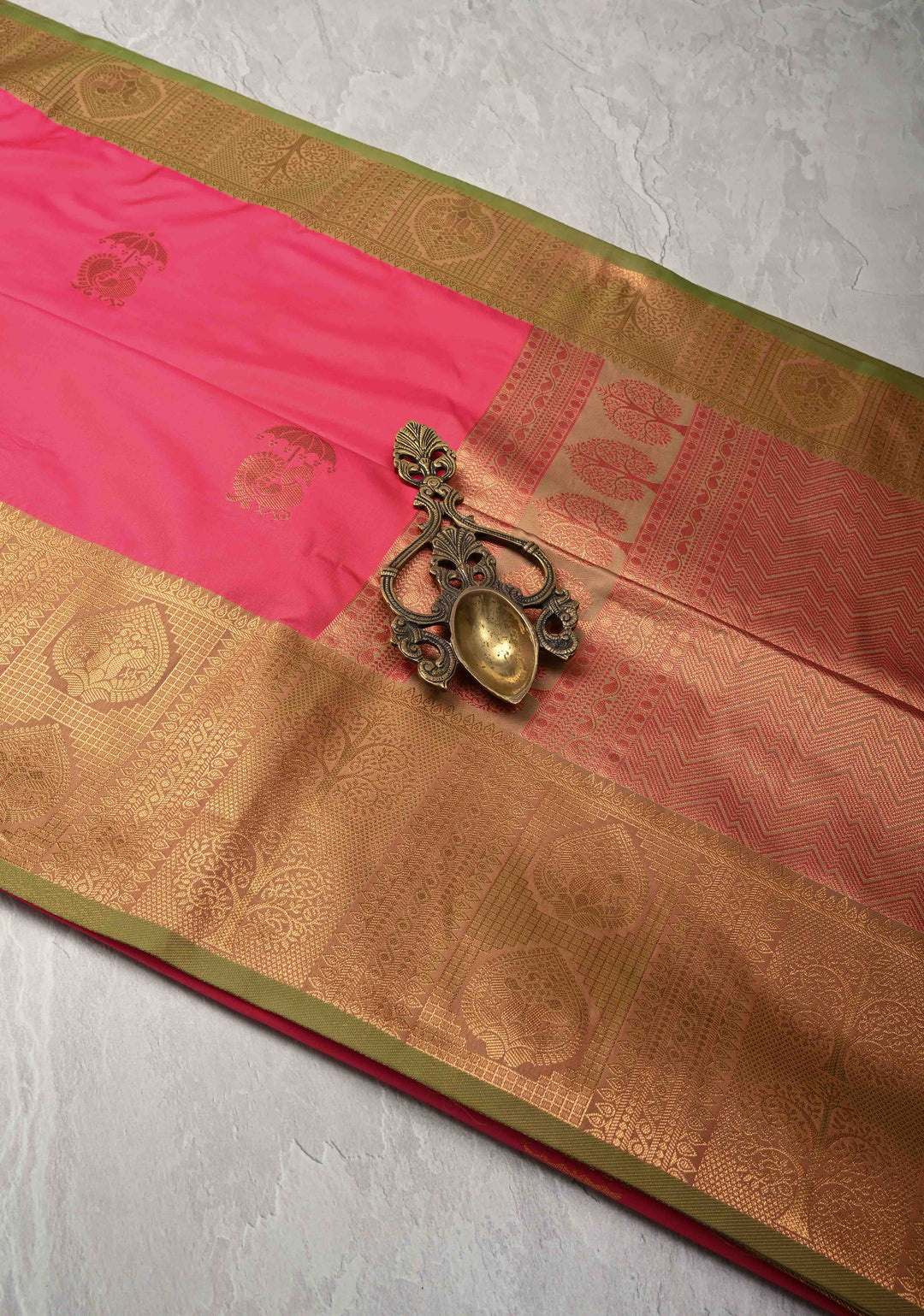 Bright Pink Kanchi Semi Silk Saree with Peacock Buttas and Zari Border