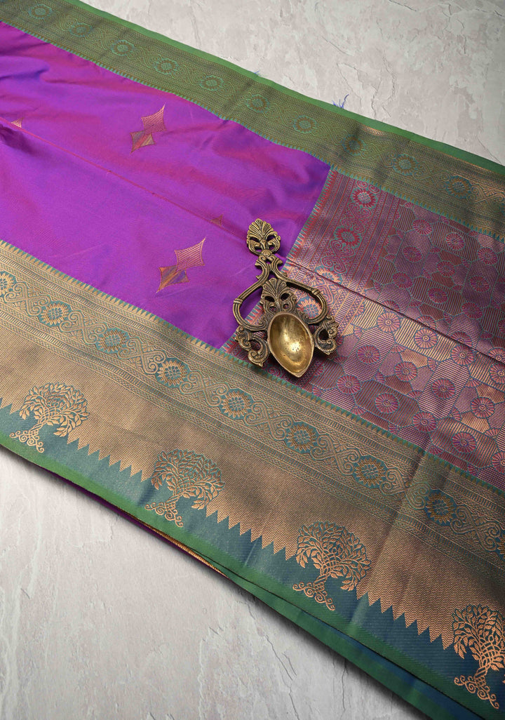 Purple Dual tone Kanchi Semi Silk Saree with Meenakari Buttas and Contrast Zari Border