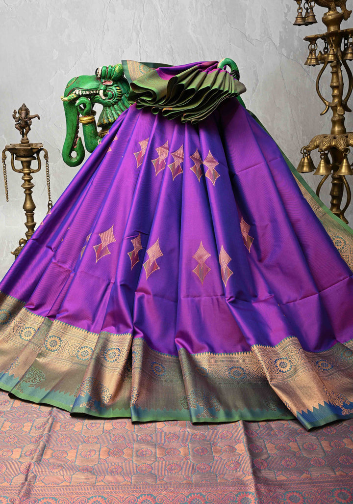 Purple Dual tone Kanchi Semi Silk Saree with Meenakari Buttas and Contrast Zari Border