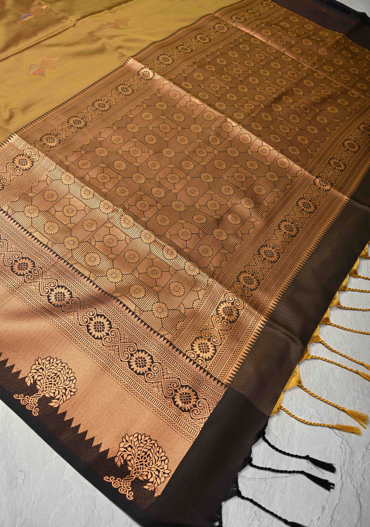 Camel Brown Kanchi Semi Silk Saree with Meenakari Buttas and Zari Border
