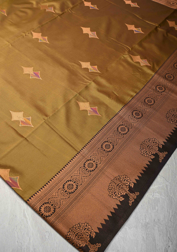 Camel Brown Kanchi Semi Silk Saree with Meenakari Buttas and Zari Border