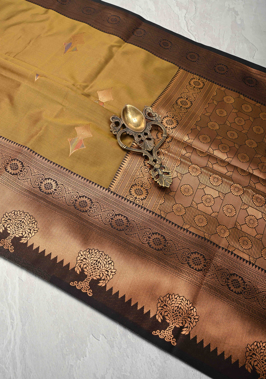 Camel Brown Kanchi Semi Silk Saree with Meenakari Buttas and Zari Border