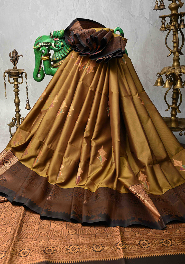 Camel Brown Kanchi Semi Silk Saree with Meenakari Buttas and Zari Border