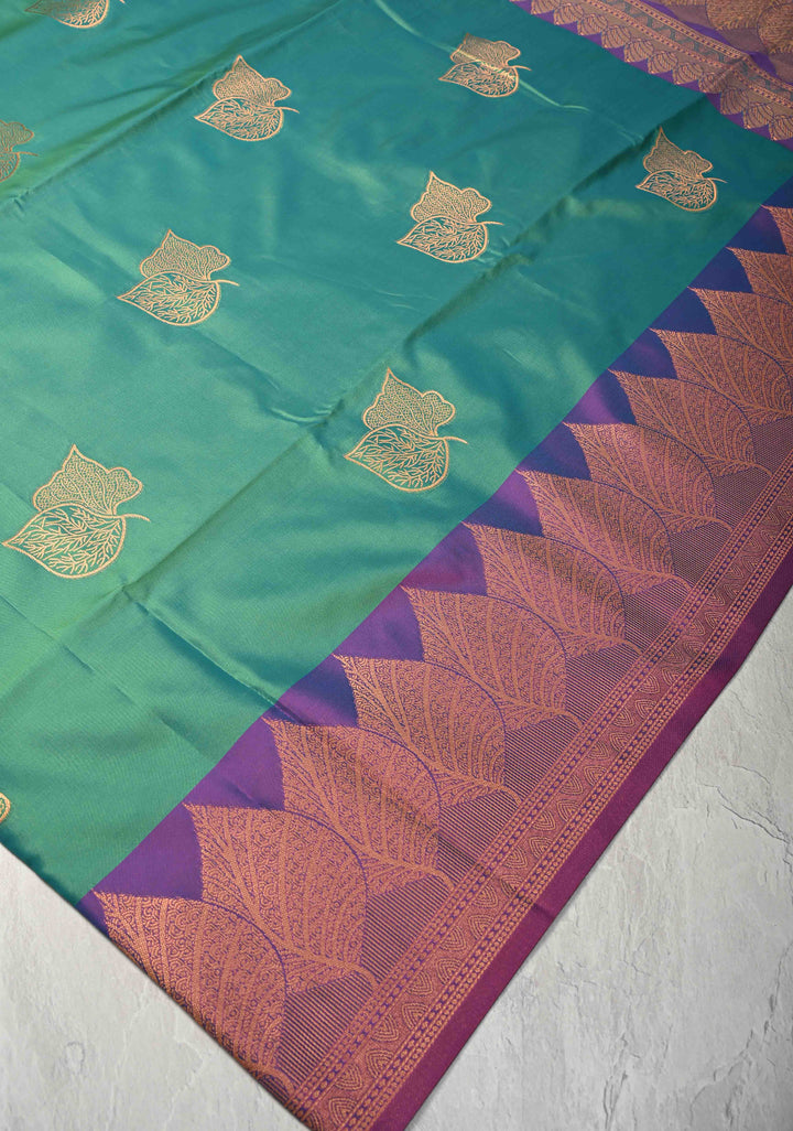 Green Dual tone Kanchi Semi Silk Saree with Leaf Buttas and Contrast Zari Border