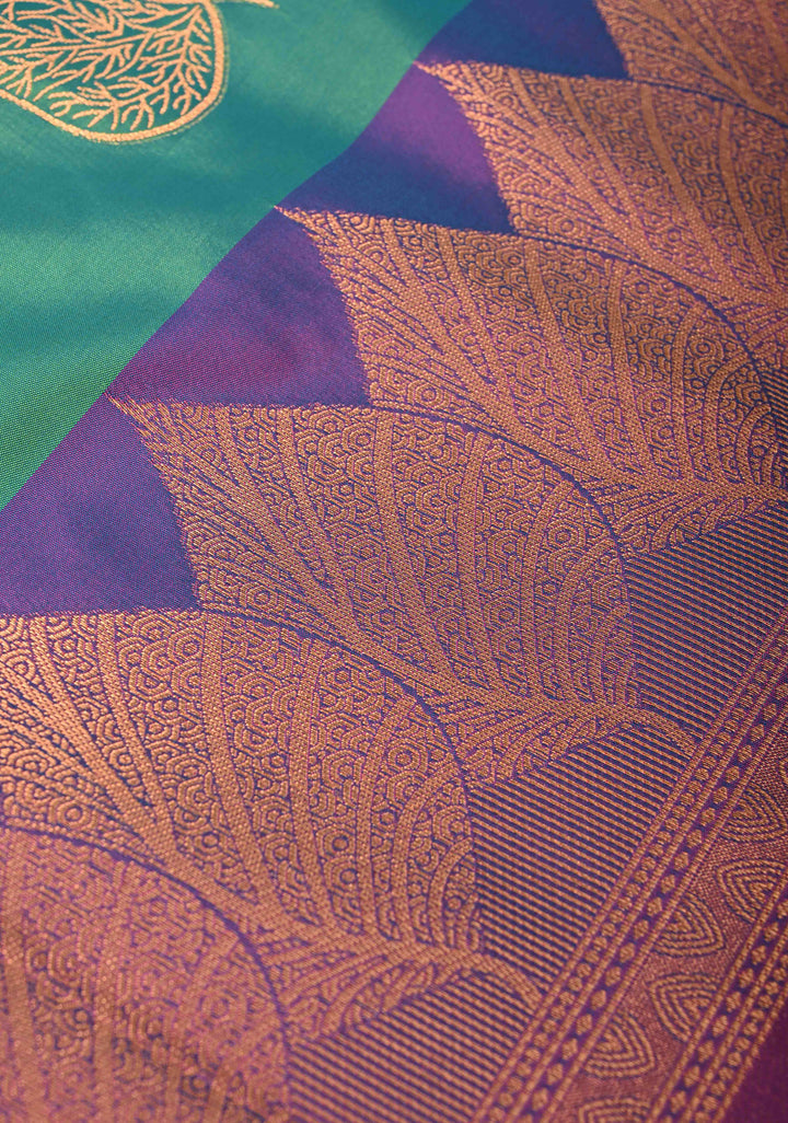 Green Dual tone Kanchi Semi Silk Saree with Leaf Buttas and Contrast Zari Border