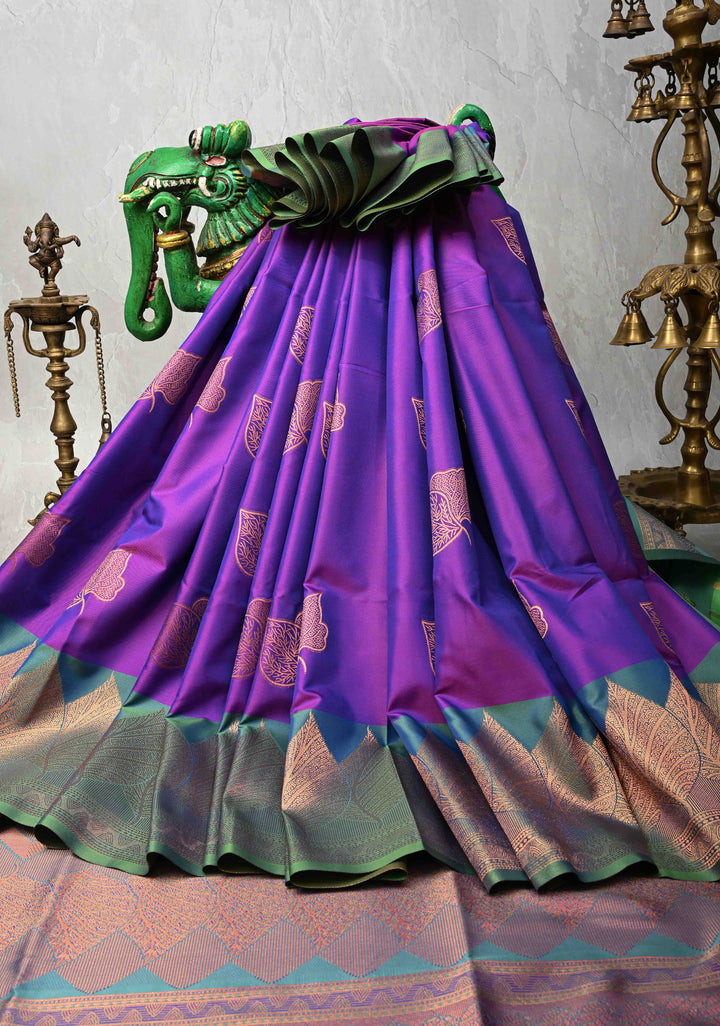 Purple Dual tone Kanchi Semi Silk Saree with Leaf Buttas and Contrast Zari Border