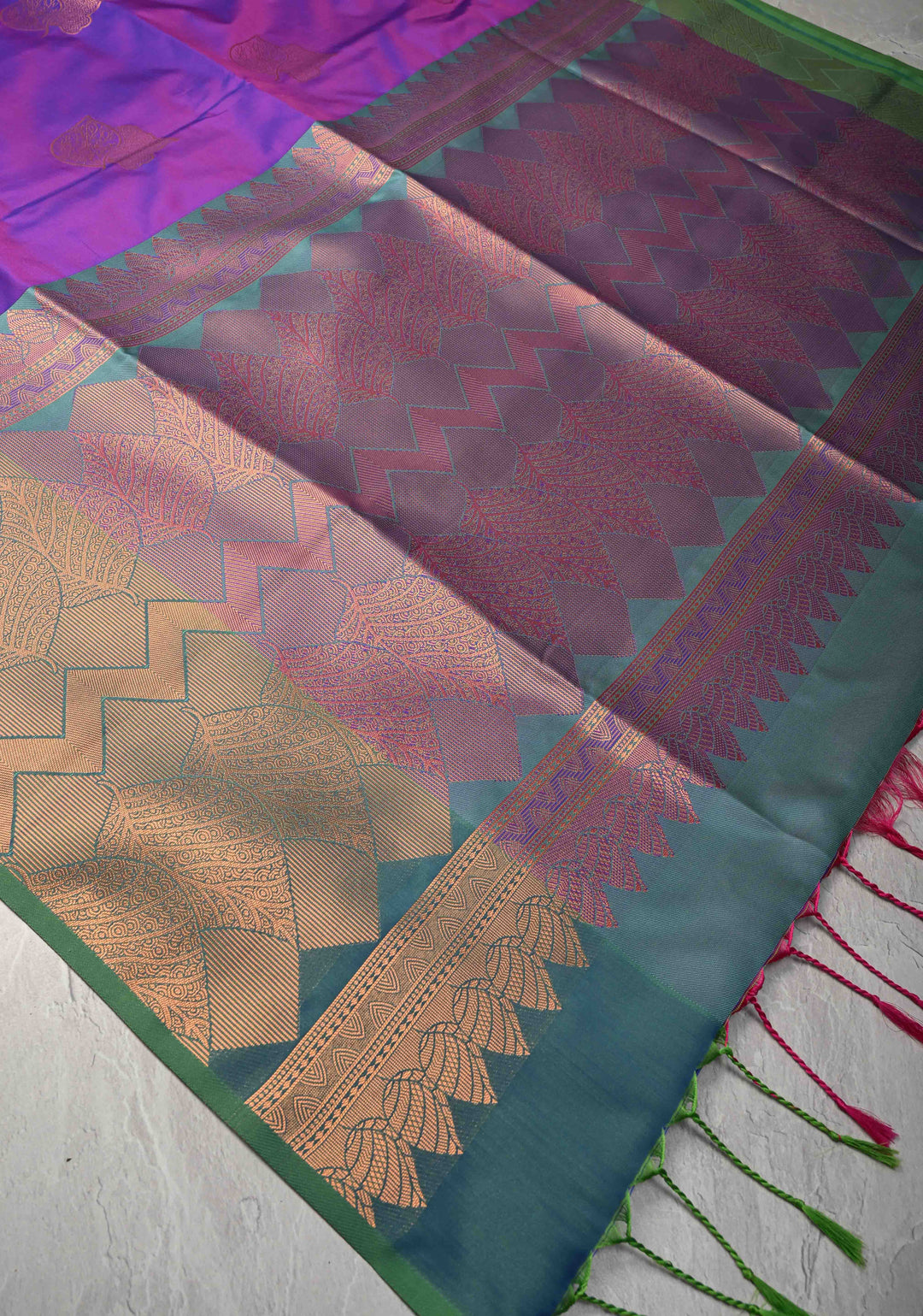 Purple Dual tone Kanchi Semi Silk Saree with Leaf Buttas and Contrast Zari Border