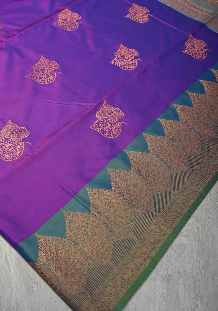Purple Dual tone Kanchi Semi Silk Saree with Leaf Buttas and Contrast Zari Border