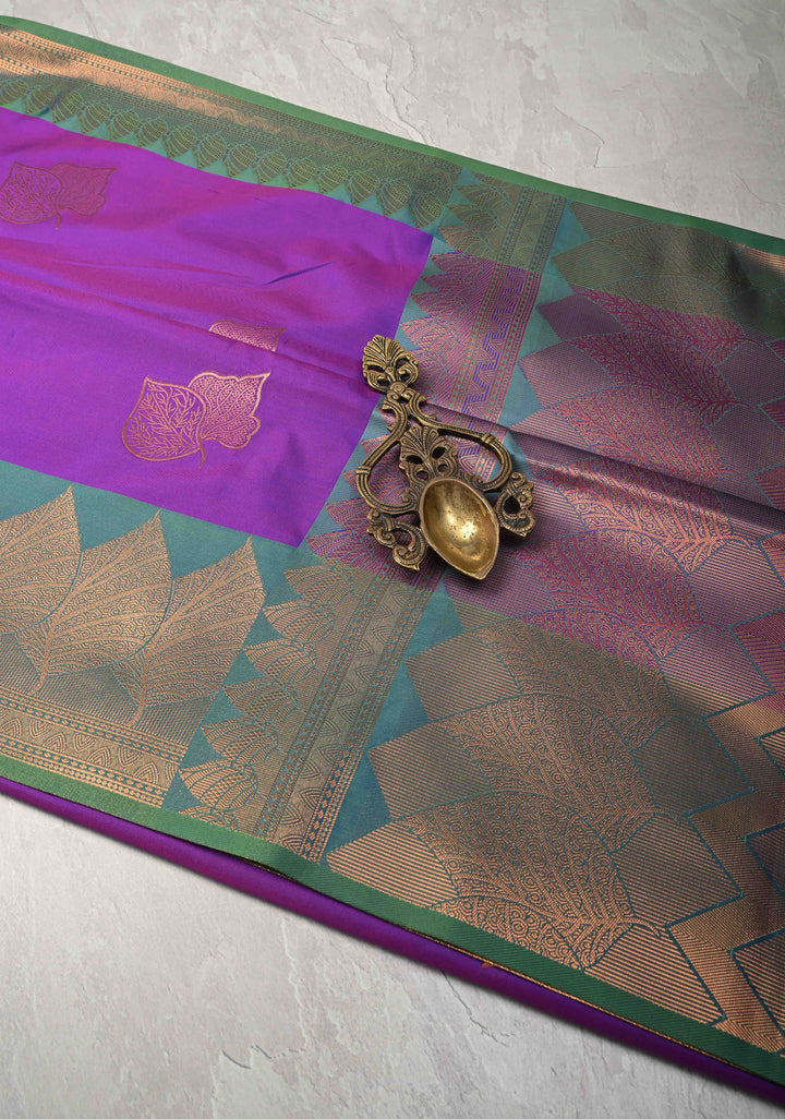 Purple Dual tone Kanchi Semi Silk Saree with Leaf Buttas and Contrast Zari Border