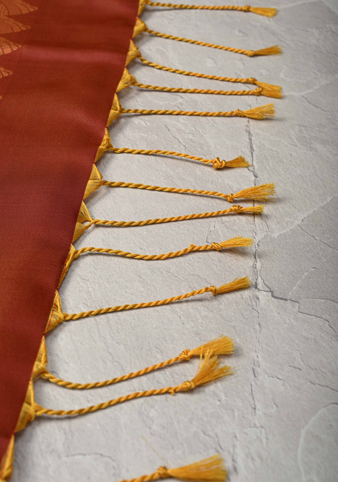 Fire Orange Kanchi Semi Silk Saree with Leaf Buttas and Contrast Zari Border