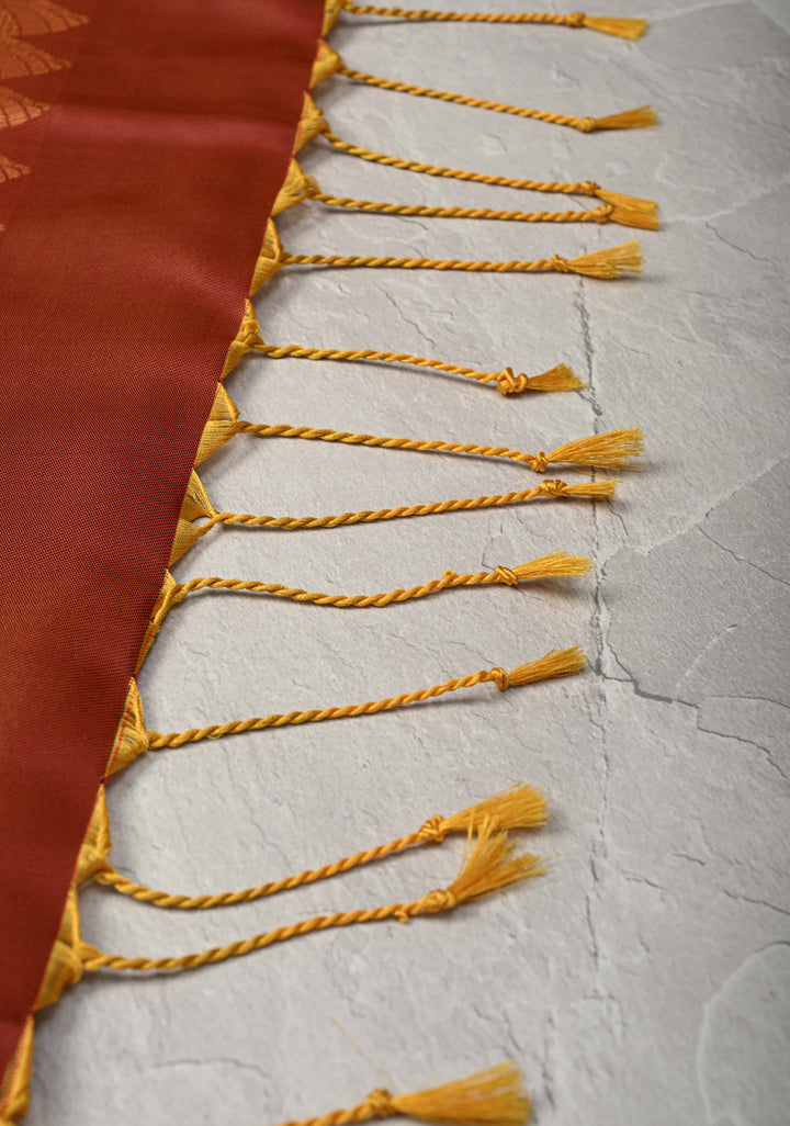 Fire Orange Kanchi Semi Silk Saree with Leaf Buttas and Contrast Zari Border