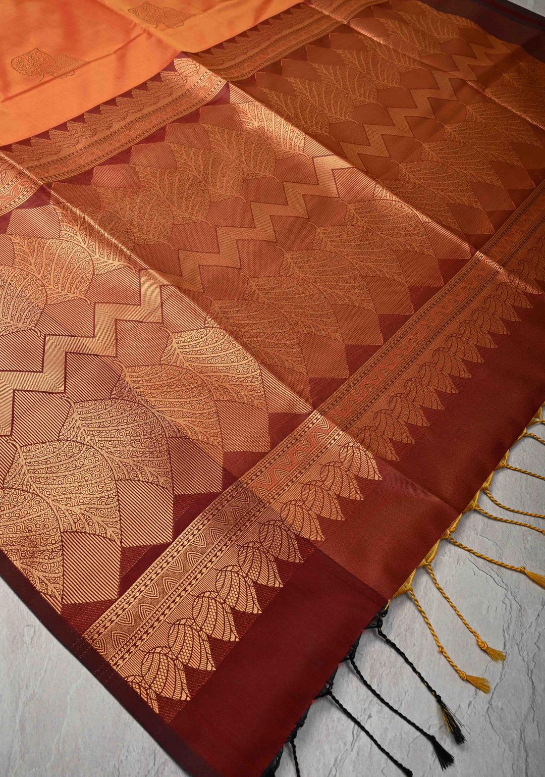 Fire Orange Kanchi Semi Silk Saree with Leaf Buttas and Contrast Zari Border