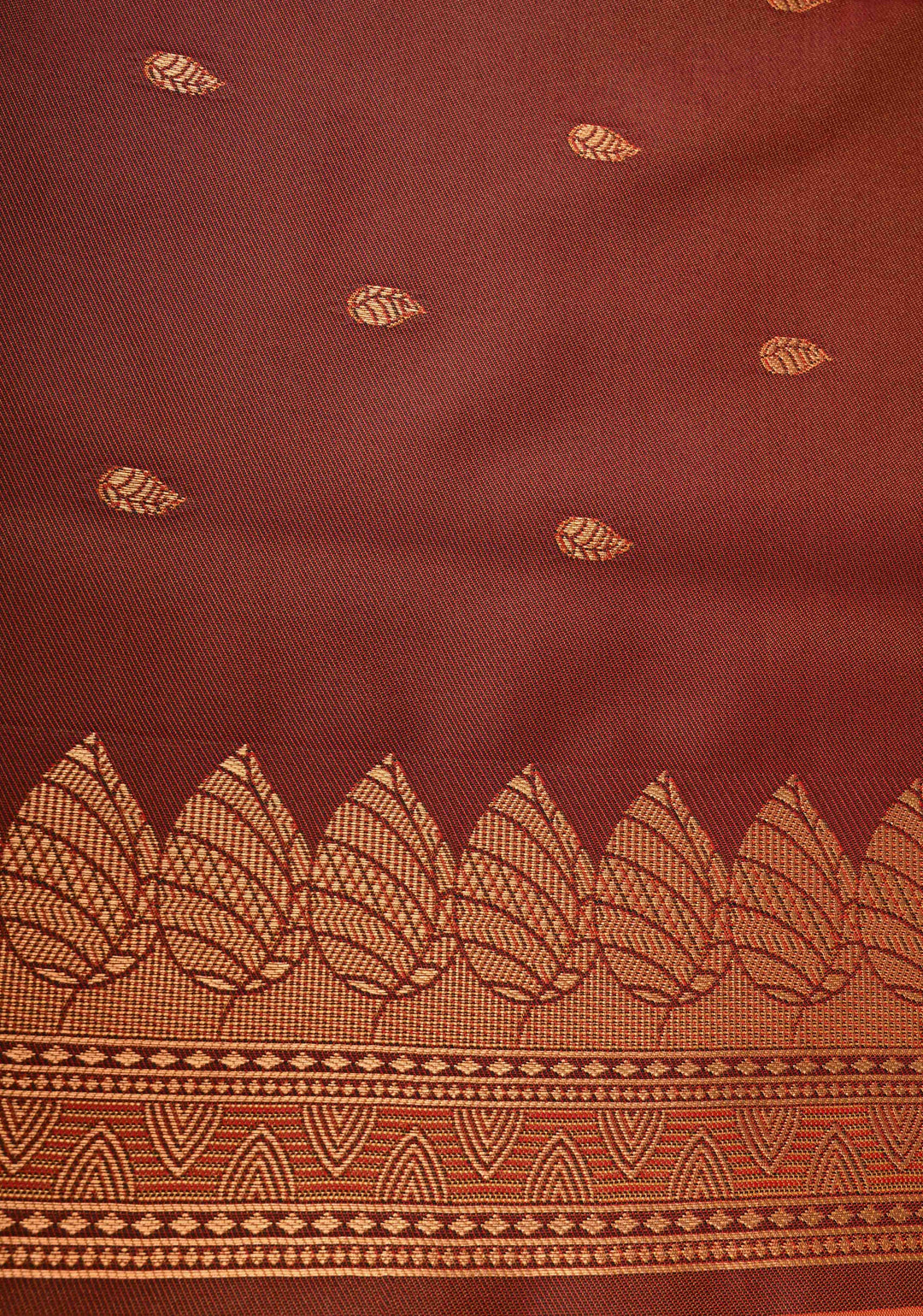 Fire Orange Kanchi Semi Silk Saree with Leaf Buttas and Contrast Zari Border