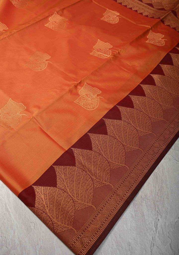 Fire Orange Kanchi Semi Silk Saree with Leaf Buttas and Contrast Zari Border
