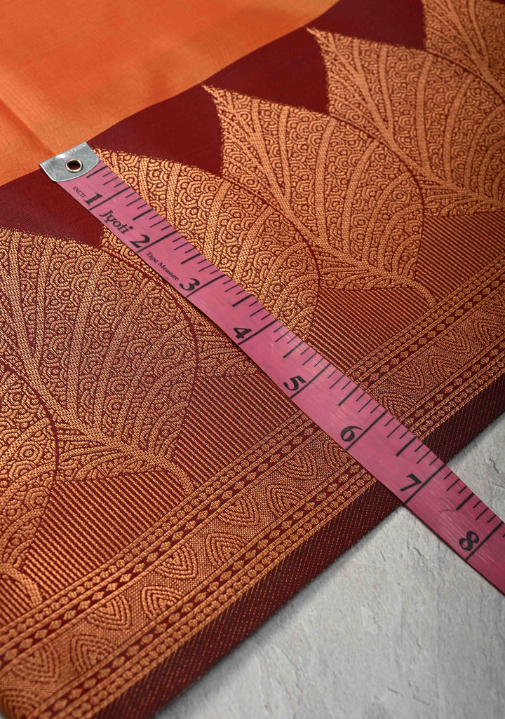 Fire Orange Kanchi Semi Silk Saree with Leaf Buttas and Contrast Zari Border