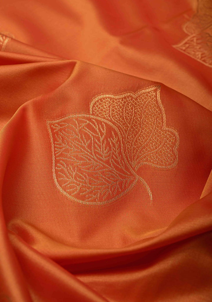 Fire Orange Kanchi Semi Silk Saree with Leaf Buttas and Contrast Zari Border