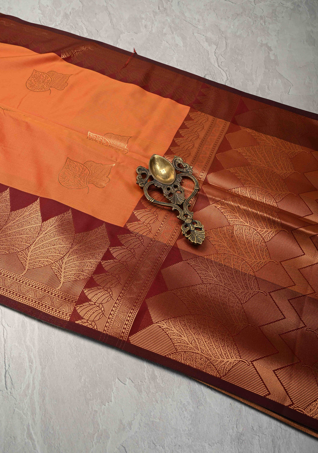 Fire Orange Kanchi Semi Silk Saree with Leaf Buttas and Contrast Zari Border
