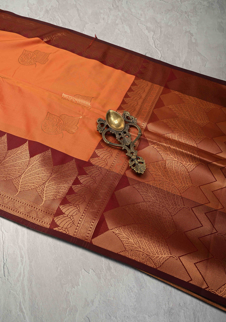 Fire Orange Kanchi Semi Silk Saree with Leaf Buttas and Contrast Zari Border