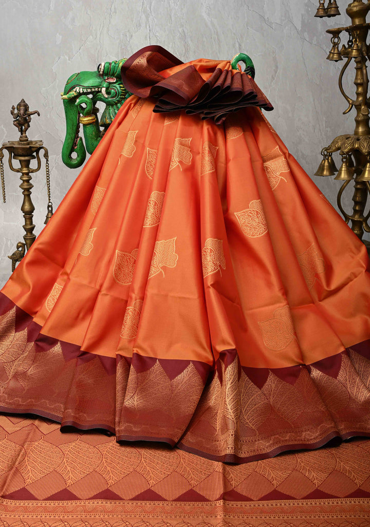 Fire Orange Kanchi Semi Silk Saree with Leaf Buttas and Contrast Zari Border