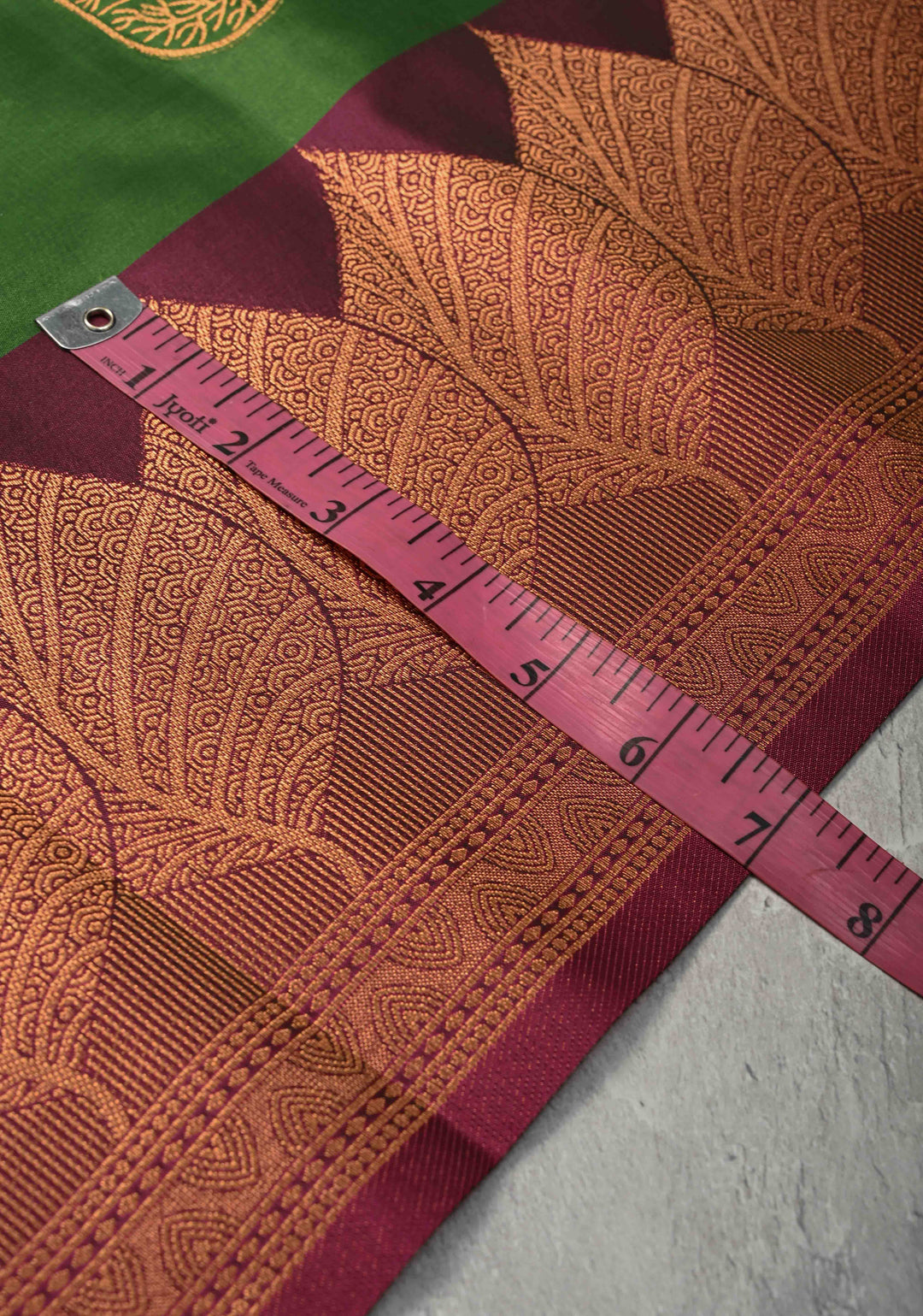 True Green Kanchi Semi Silk Saree with Leaf Buttas and Contrast Zari Border