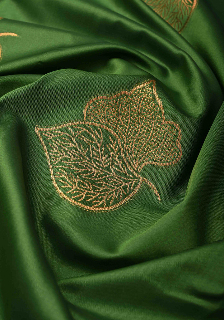 True Green Kanchi Semi Silk Saree with Leaf Buttas and Contrast Zari Border