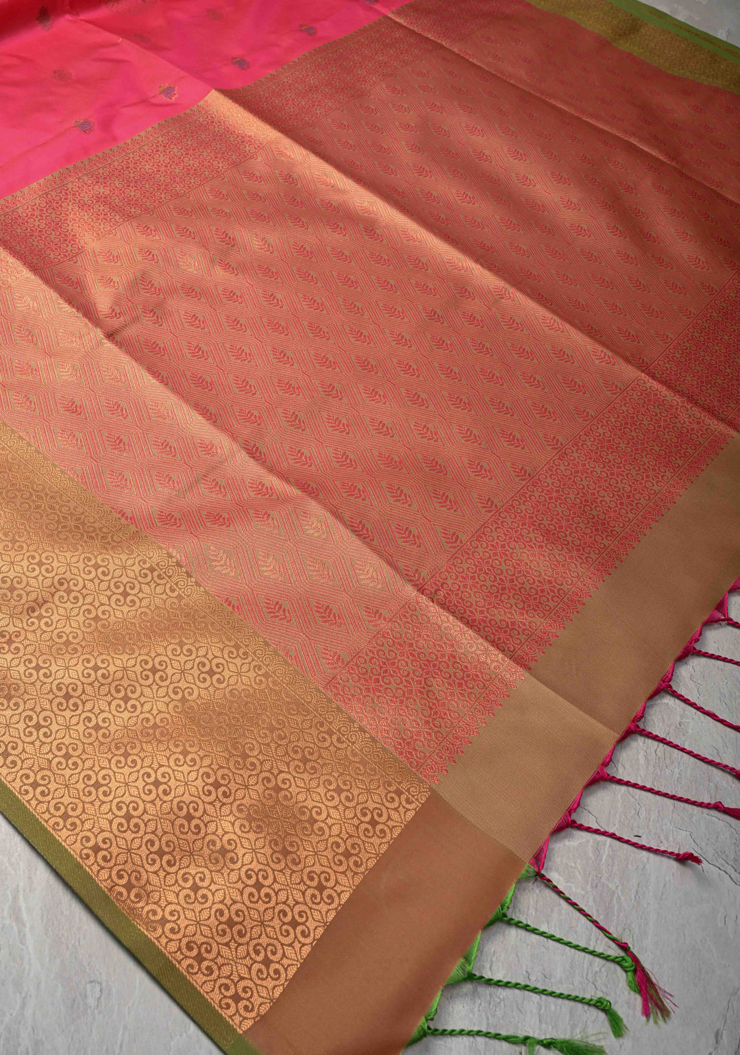 Fiery Rose Kanchi Semi Silk Saree with Meenakari Floral Buttas and Zari Border
