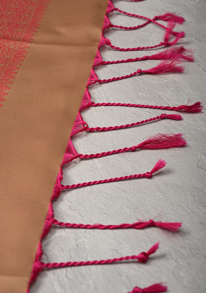Fiery Rose Kanchi Semi Silk Saree with Meenakari Floral Buttas and Zari Border