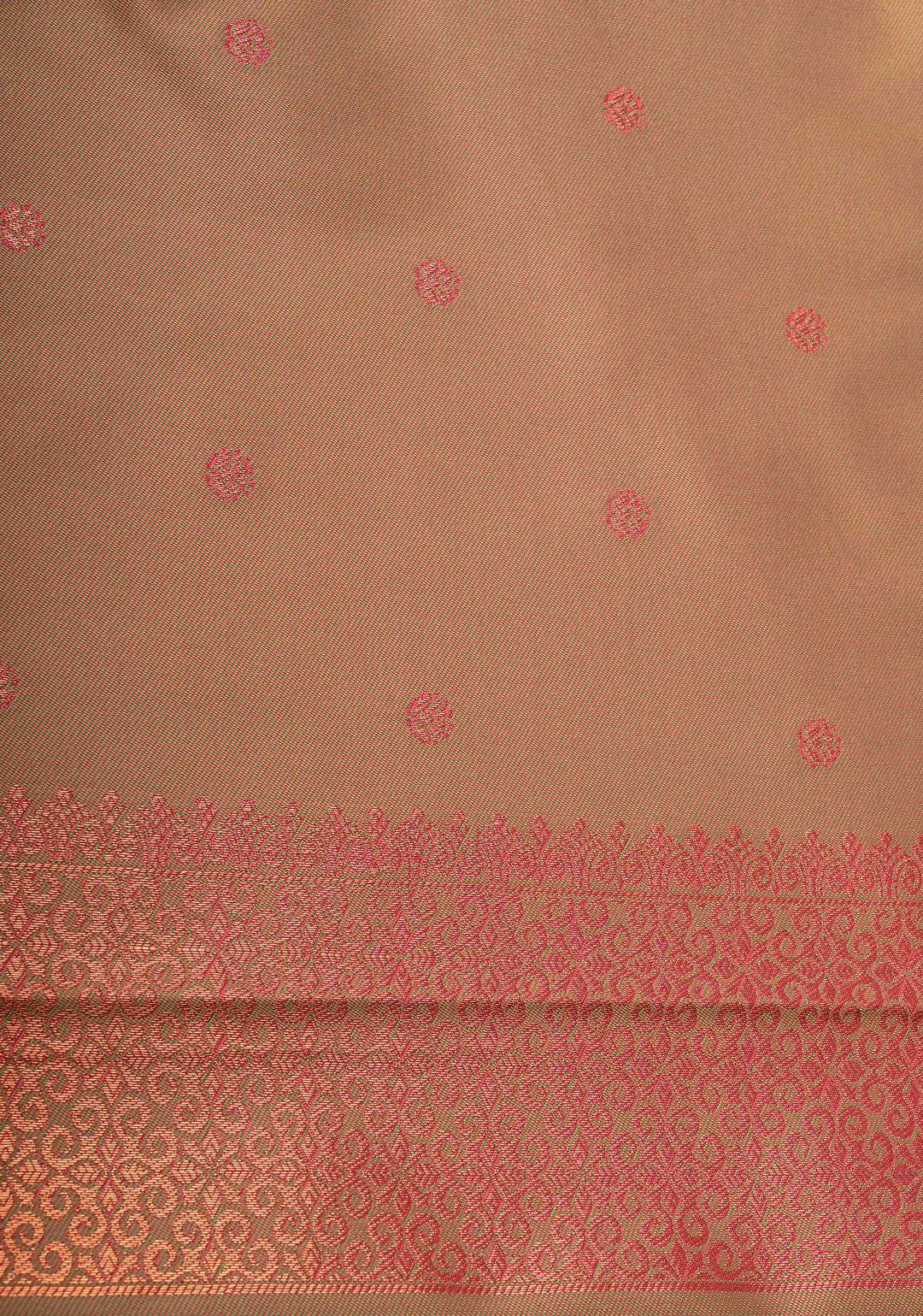 Fiery Rose Kanchi Semi Silk Saree with Meenakari Floral Buttas and Zari Border