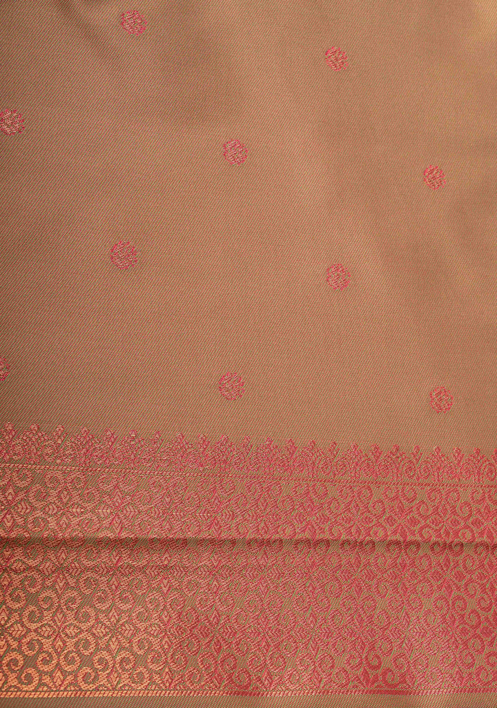 Fiery Rose Kanchi Semi Silk Saree with Meenakari Floral Buttas and Zari Border