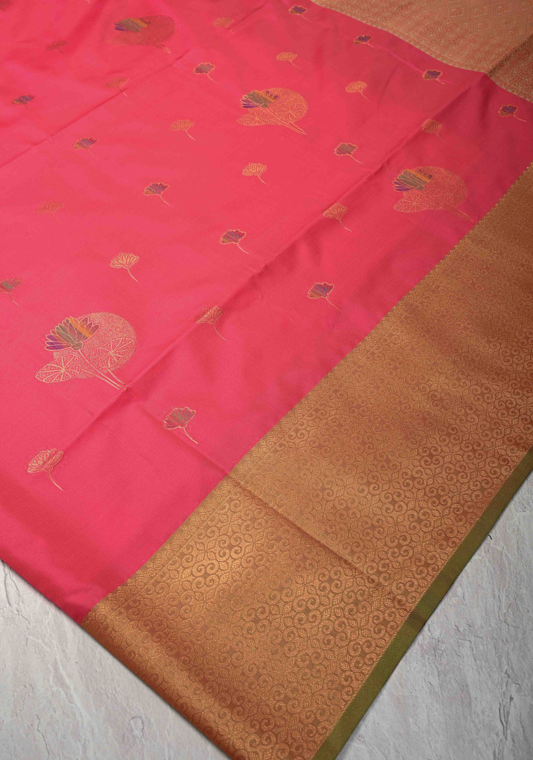 Fiery Rose Kanchi Semi Silk Saree with Meenakari Floral Buttas and Zari Border