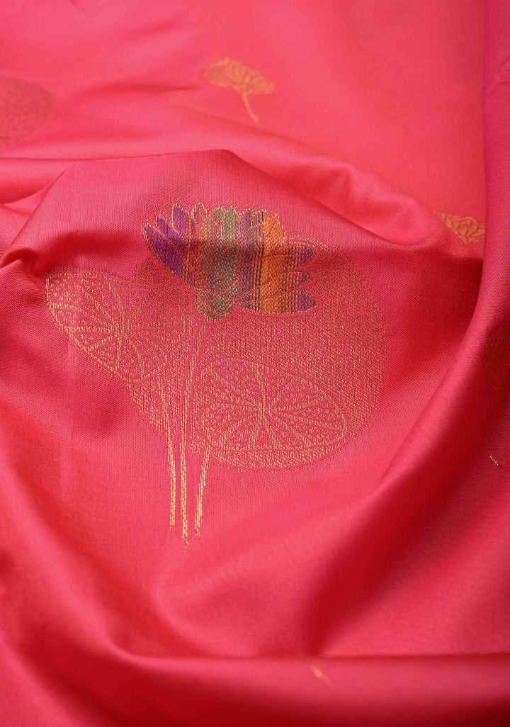 Fiery Rose Kanchi Semi Silk Saree with Meenakari Floral Buttas and Zari Border