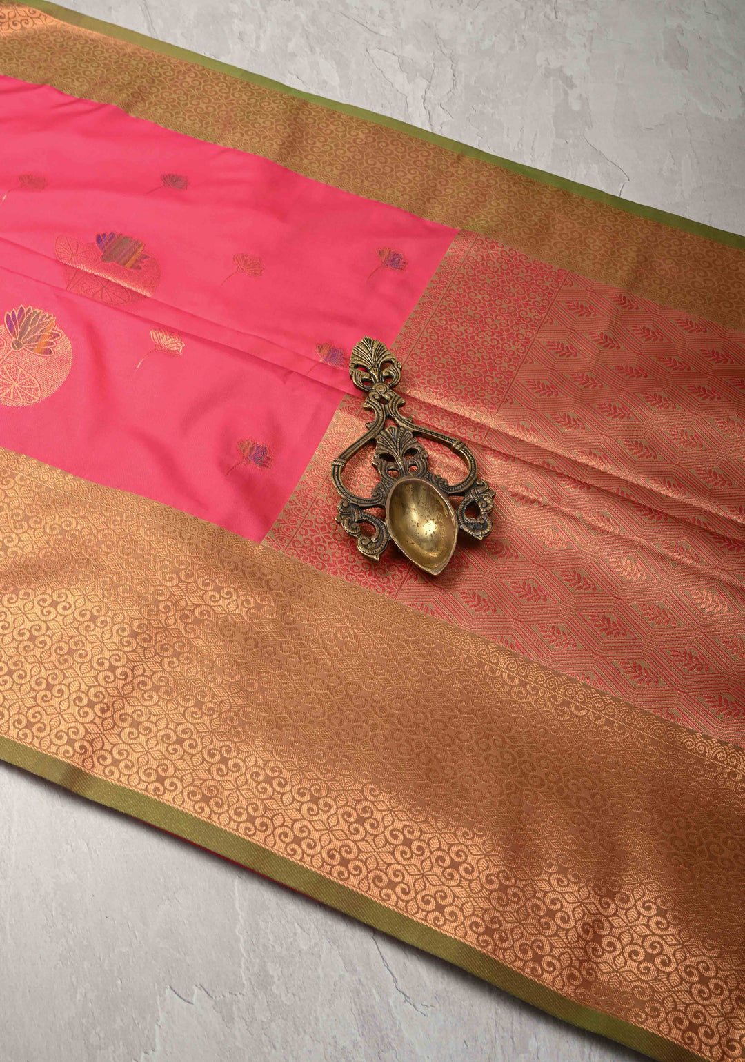 Fiery Rose Kanchi Semi Silk Saree with Meenakari Floral Buttas and Zari Border
