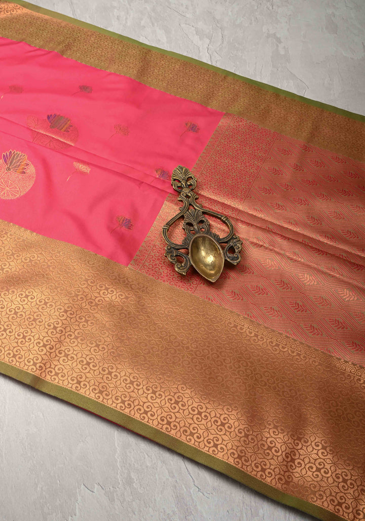 Fiery Rose Kanchi Semi Silk Saree with Meenakari Floral Buttas and Zari Border