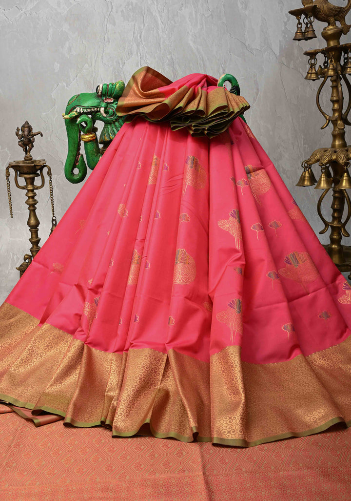 Fiery Rose Kanchi Semi Silk Saree with Meenakari Floral Buttas and Zari Border