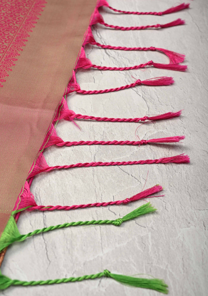 Deep Pink Kanchi Semi Silk Saree with Floral Meenakari Buttas and Zari Border
