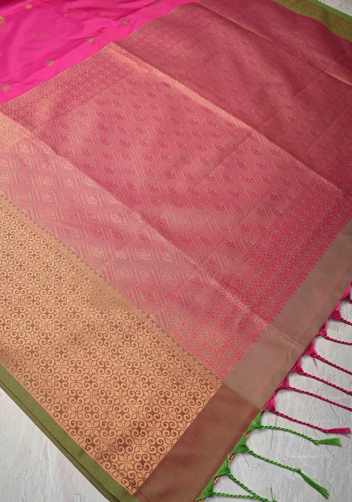 Deep Pink Kanchi Semi Silk Saree with Floral Meenakari Buttas and Zari Border