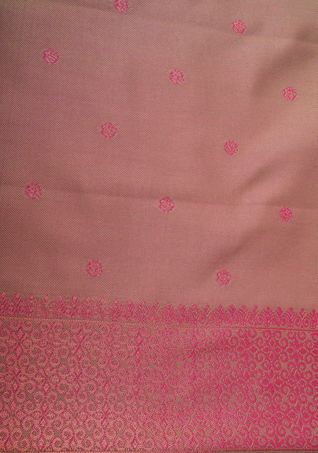 Deep Pink Kanchi Semi Silk Saree with Floral Meenakari Buttas and Zari Border