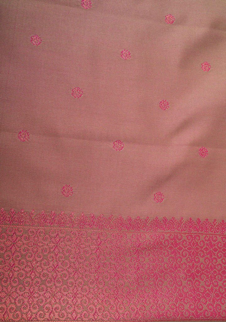 Deep Pink Kanchi Semi Silk Saree with Floral Meenakari Buttas and Zari Border