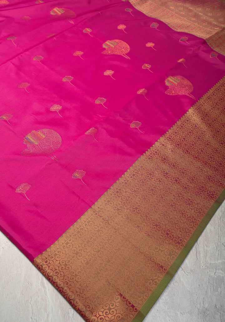 Deep Pink Kanchi Semi Silk Saree with Floral Meenakari Buttas and Zari Border