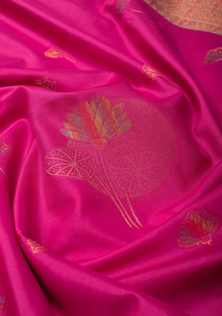 Deep Pink Kanchi Semi Silk Saree with Floral Meenakari Buttas and Zari Border