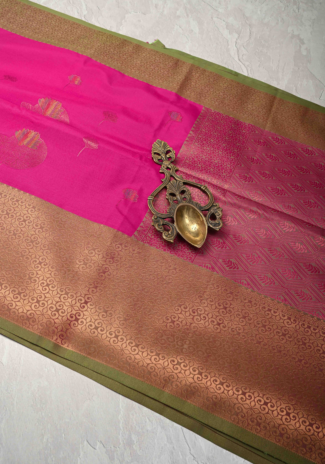 Deep Pink Kanchi Semi Silk Saree with Floral Meenakari Buttas and Zari Border