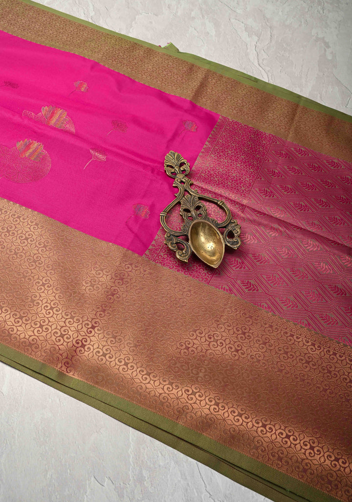 Deep Pink Kanchi Semi Silk Saree with Floral Meenakari Buttas and Zari Border