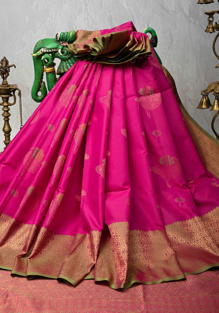 Deep Pink Kanchi Semi Silk Saree with Floral Meenakari Buttas and Zari Border