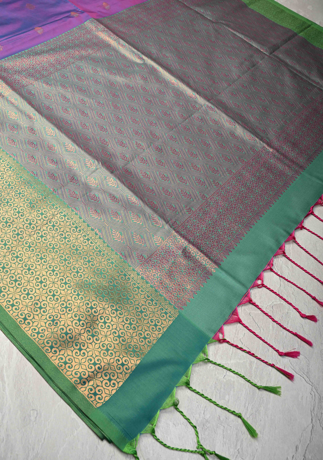 Purple Dual tone Kanchi Semi Silk Saree with Floral Meenakari Buttas and Contrast Zari Border