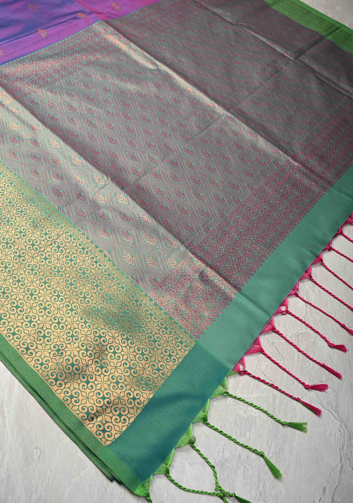 Purple Dual tone Kanchi Semi Silk Saree with Floral Meenakari Buttas and Contrast Zari Border