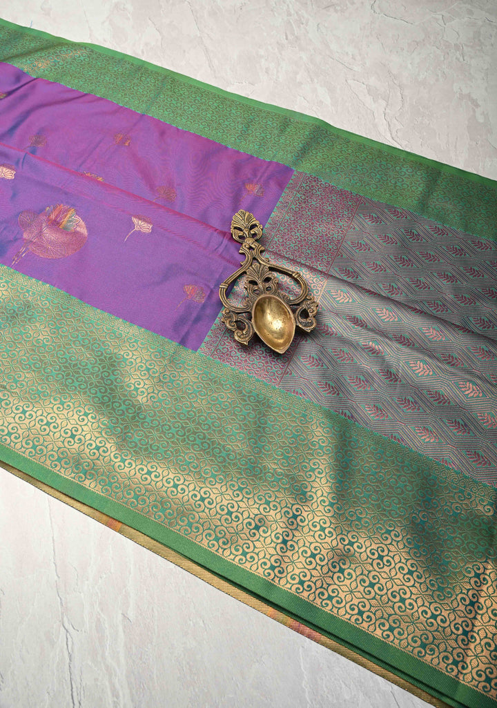 Purple Dual tone Kanchi Semi Silk Saree with Floral Meenakari Buttas and Contrast Zari Border