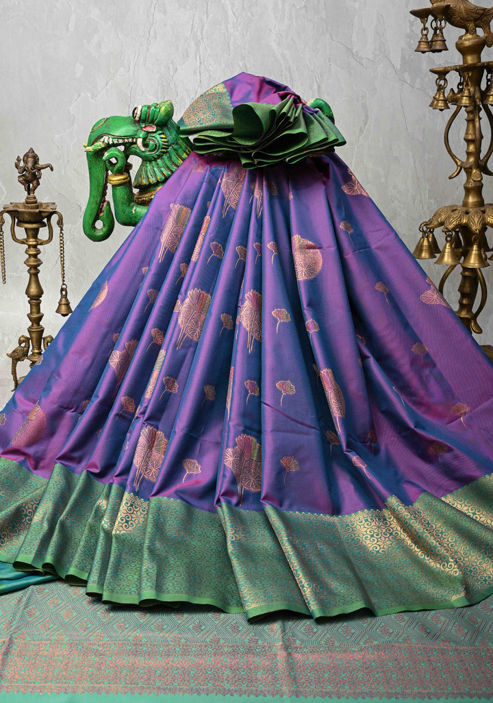 Purple Dual tone Kanchi Semi Silk Saree with Floral Meenakari Buttas and Contrast Zari Border