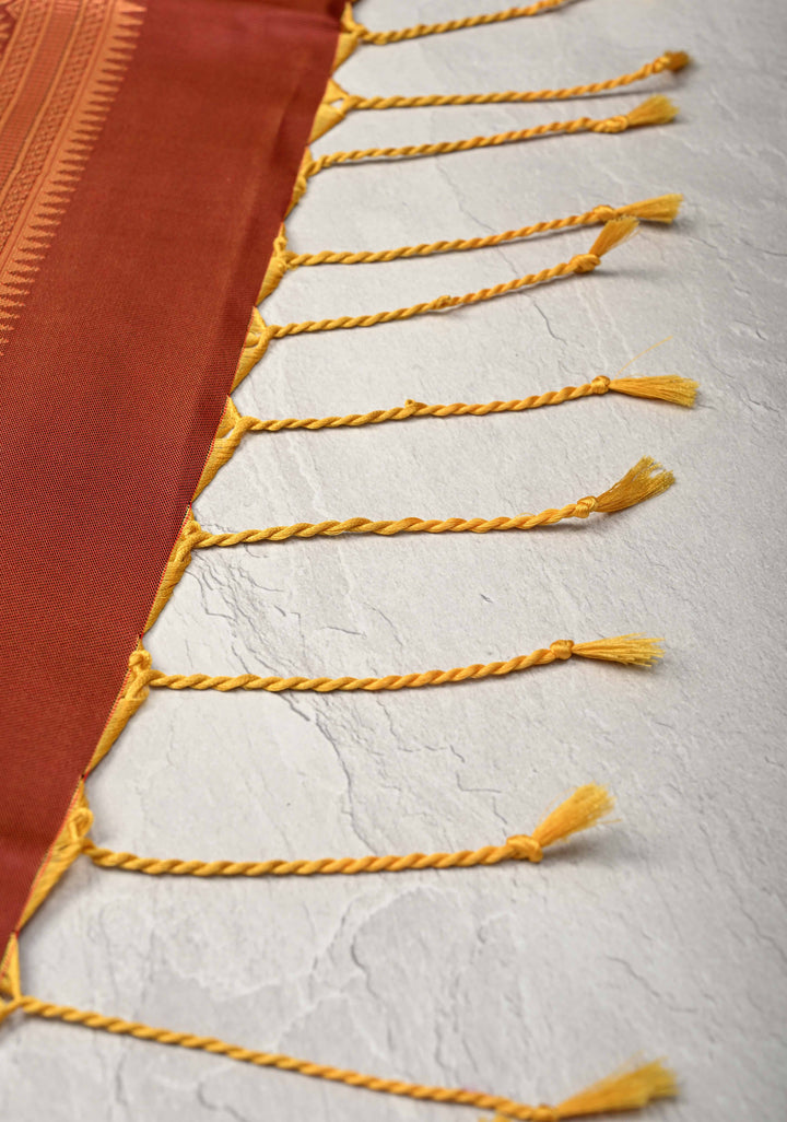 Fire Orange Kanchi Semi Silk Saree with Meenakari Buttas and Contrast Zari Border