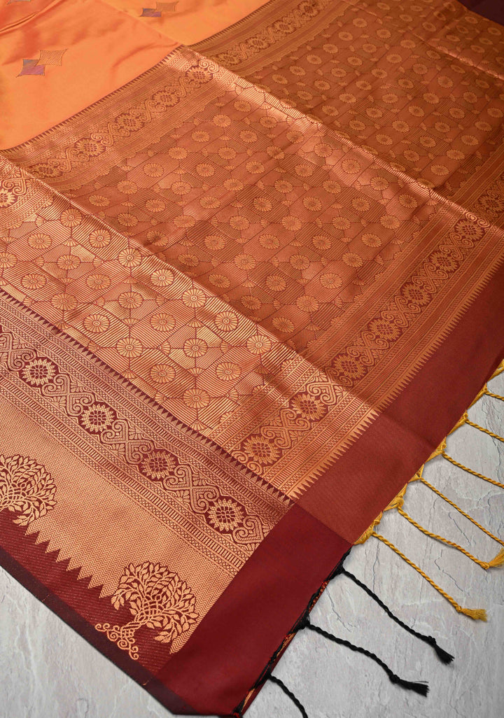 Fire Orange Kanchi Semi Silk Saree with Meenakari Buttas and Contrast Zari Border