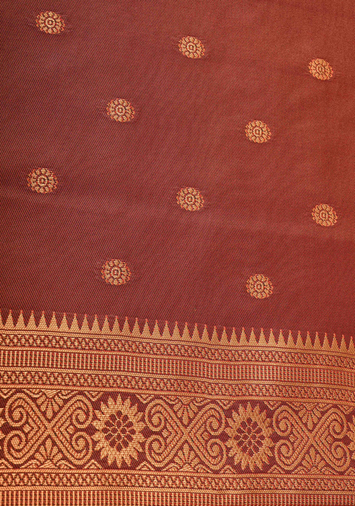 Fire Orange Kanchi Semi Silk Saree with Meenakari Buttas and Contrast Zari Border